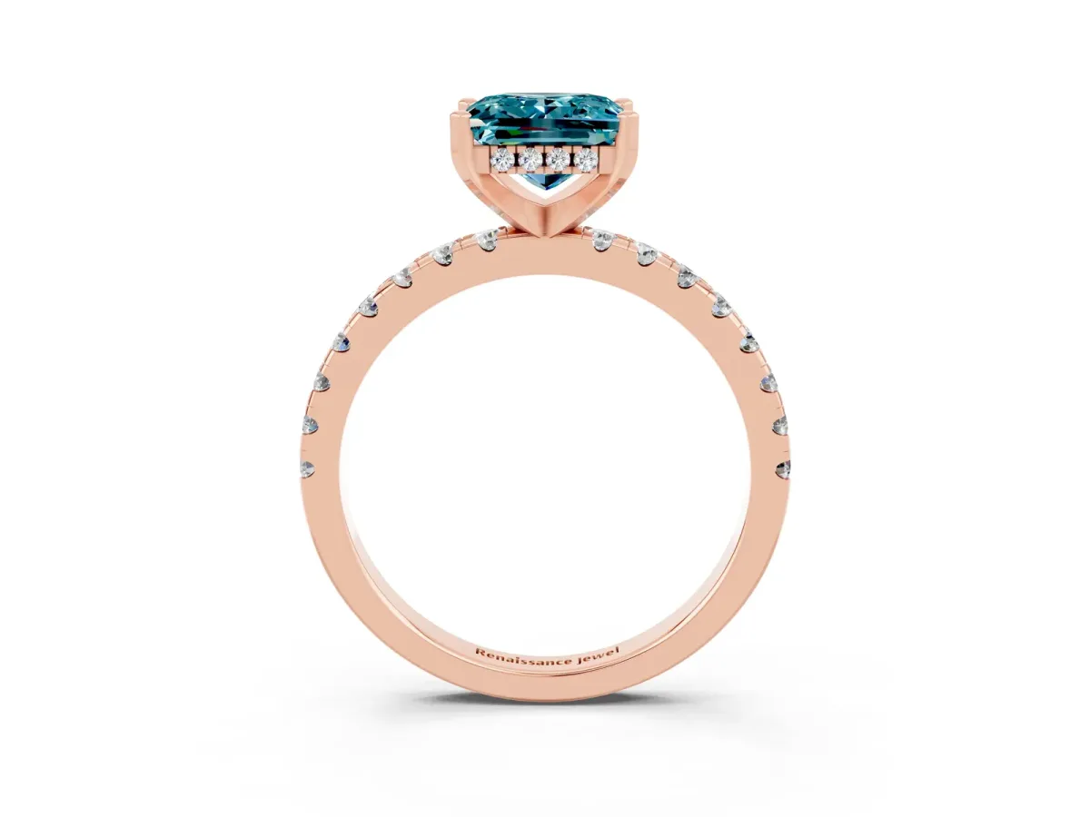 Princess Cut Blue Topaz Solitaire Ring with Round Pavé Band and Four-Prong Setting Rose gold