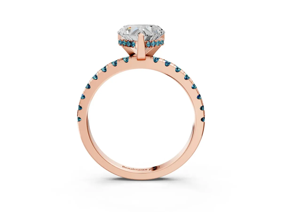 Heart Cut Diamond Solitaire Ring with Round Blue Topaz Pavé Band and Four-Prong Setting Rose gold