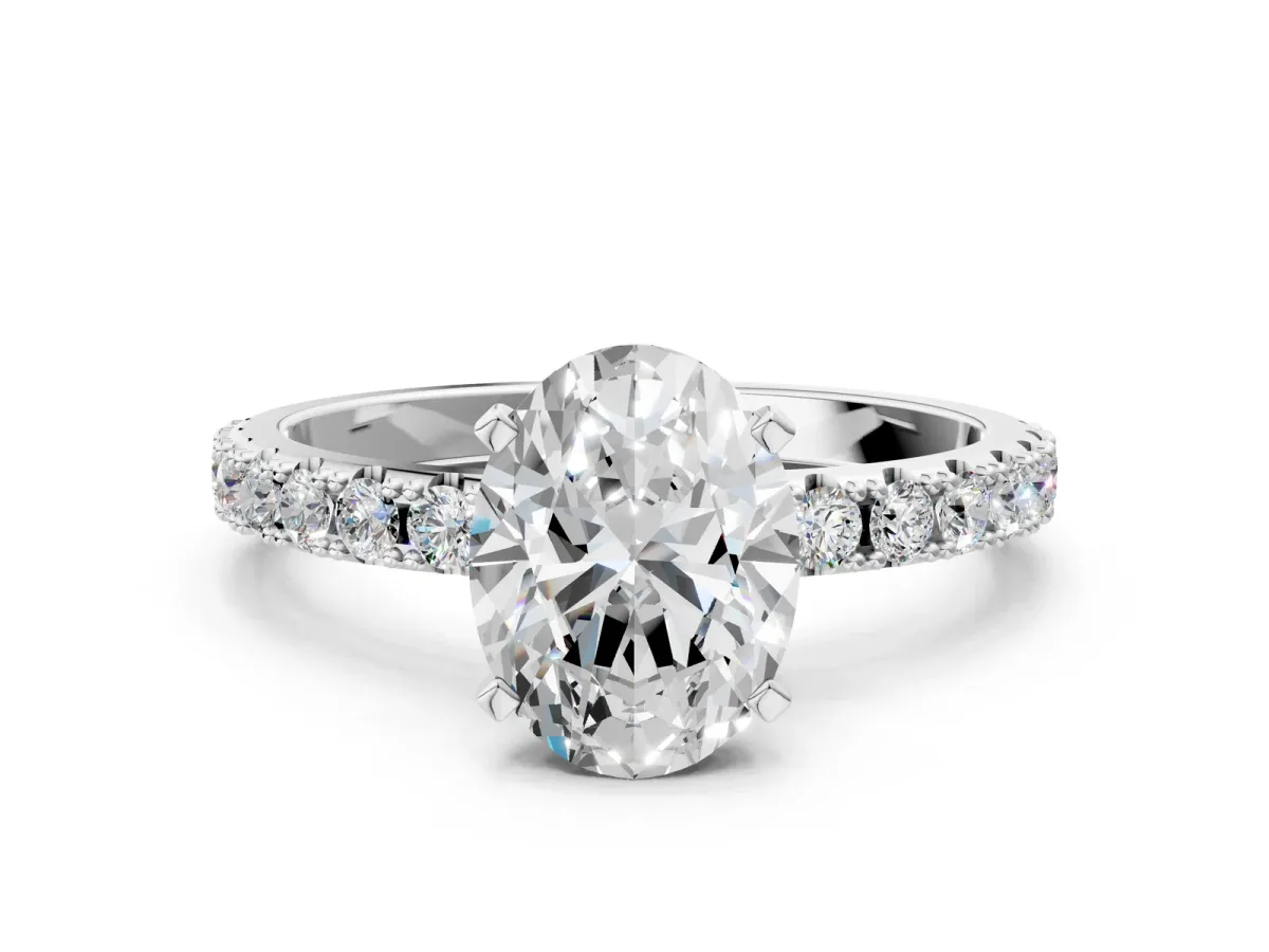 Oval Cut Diamond Solitaire Pavé Band with Four-Prong Setting Silver