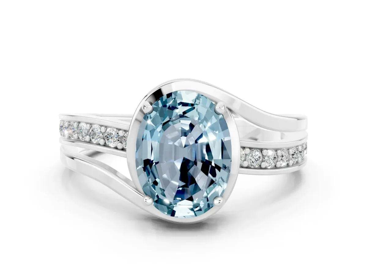 Oval Cut Aquamarine Solitaire Ring with Split Shank and Prong Setting White gold