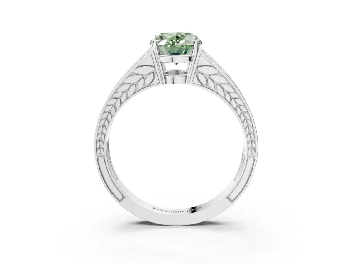 Fancy Green Oval Cut Diamond Split Shank Ring with Pavé Band and Four-Prong Setting White gold