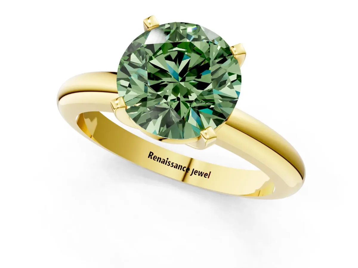 Fancy Green Round Cut Diamond Solitaire Engagement Ring with Round Band and Four-Prong Setting Yellow gold