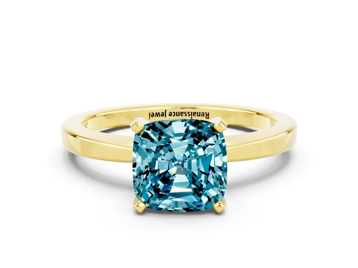 Cushion Cut Blue Topaz Solitaire Engagement Ring with Classic Band and Four-Prong Setting Yellow gold