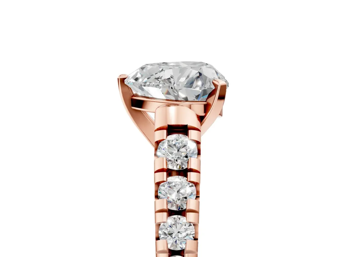 Heart Cut Diamond Cathedral Solitaire Ring with Round Moissanite Pavé Band Rose gold