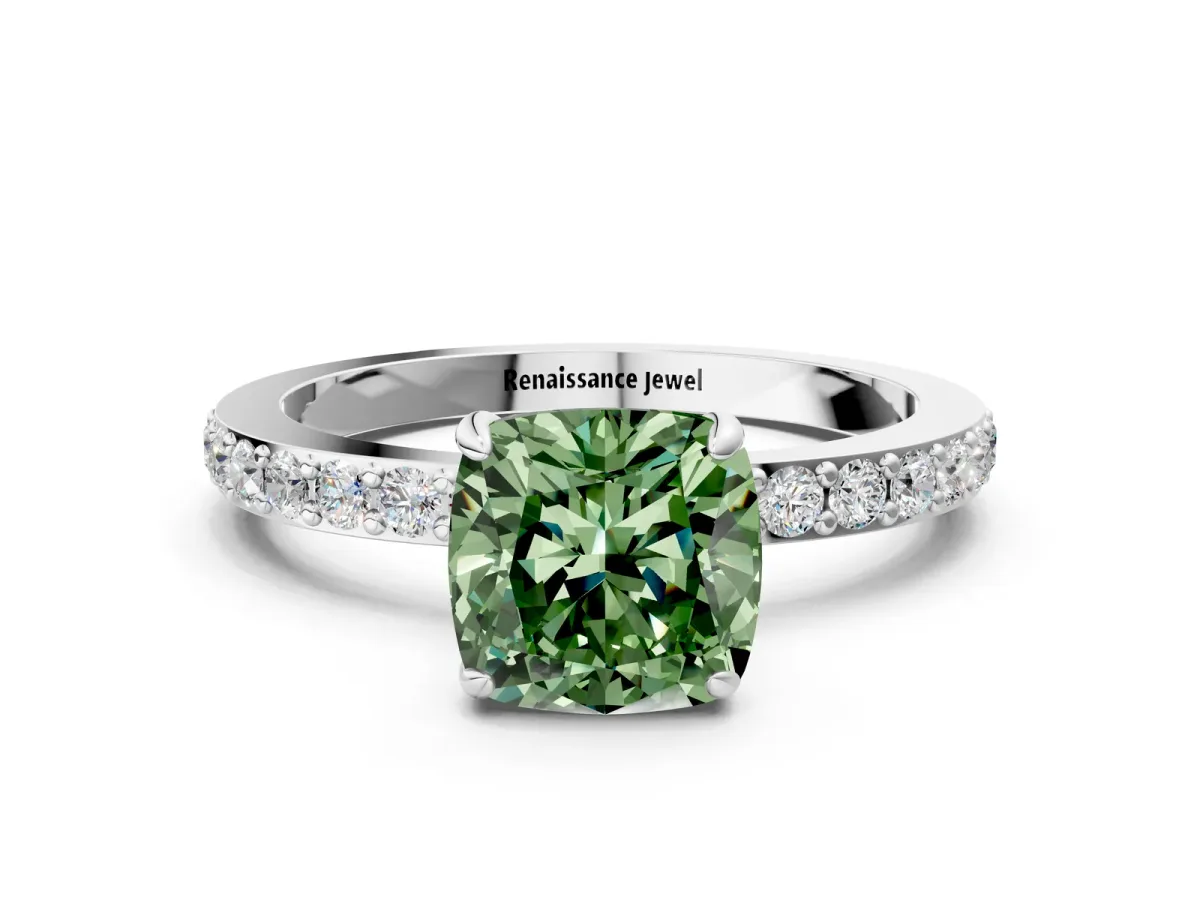 Fancy Green Cushion Cut Diamond Solitaire Engagement Ring with Pavé Band and Four-Prong Setting White gold