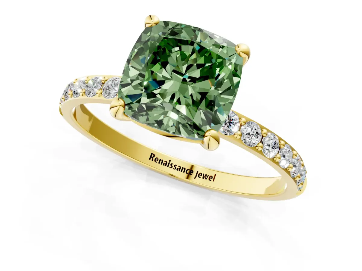 Fancy Green Cushion Cut Diamond Solitaire Ring with Round Pavé Band and Prong Setting Yellow gold
