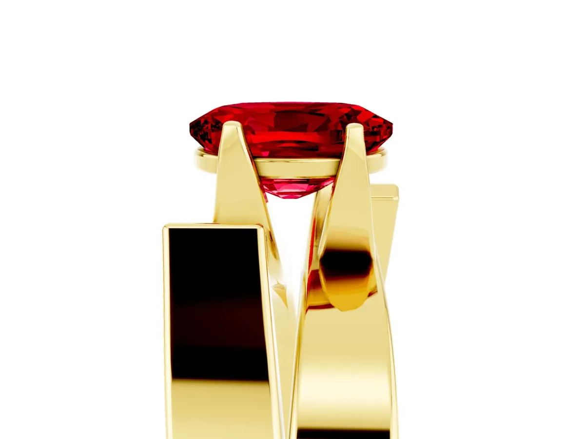 Modern Tension Set Oval Cut Ruby Solitaire Wide Band Ring Yellow gold