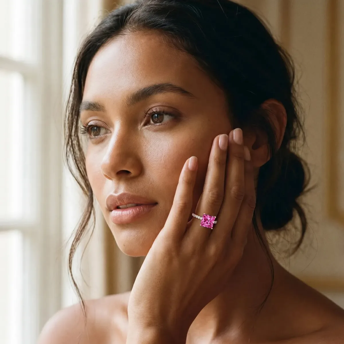 Princess Cut Pink Sapphire Solitaire Ring with Round Pavé Band and Four-Prong Setting Rose gold
