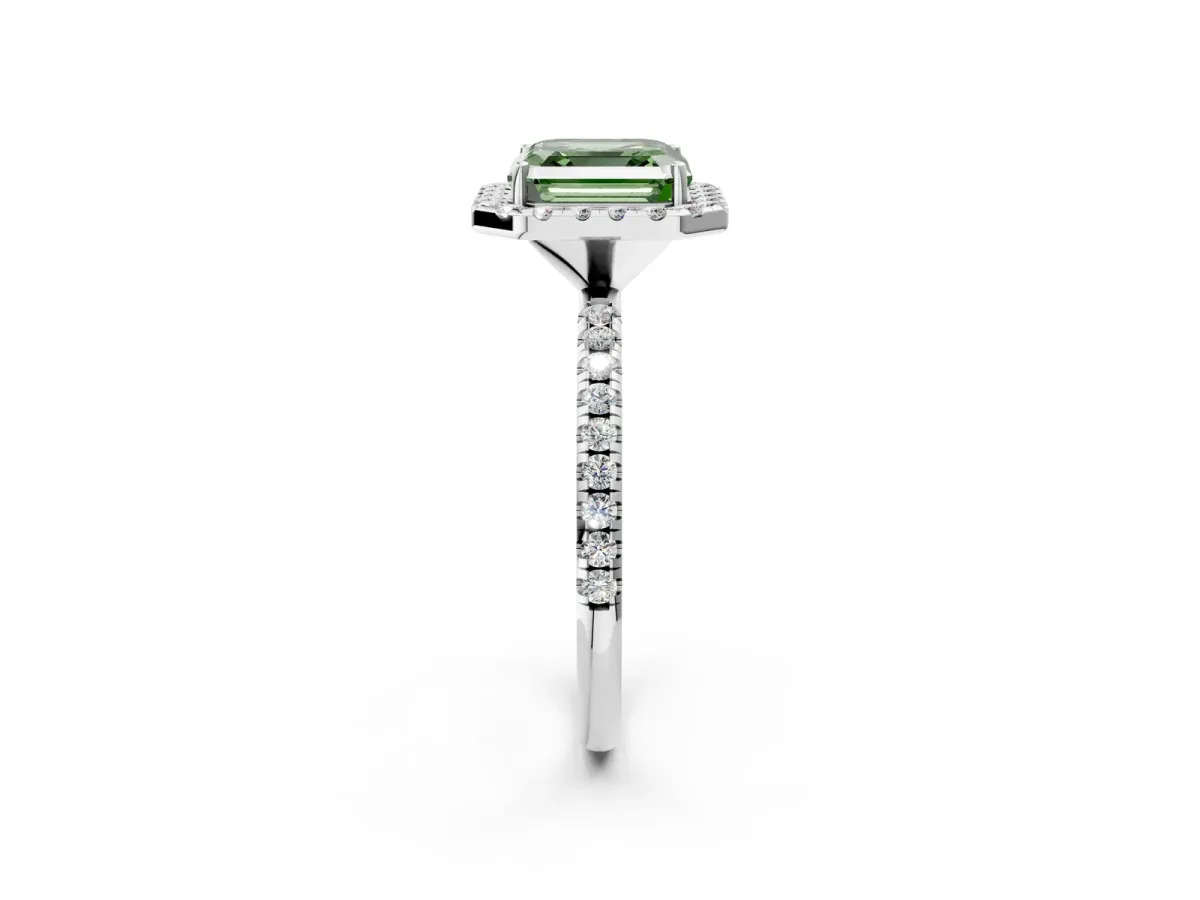 Fancy Green Asscher Cut Diamond Halo Engagement Ring with Round Pavé Band and Prong Setting Platinum