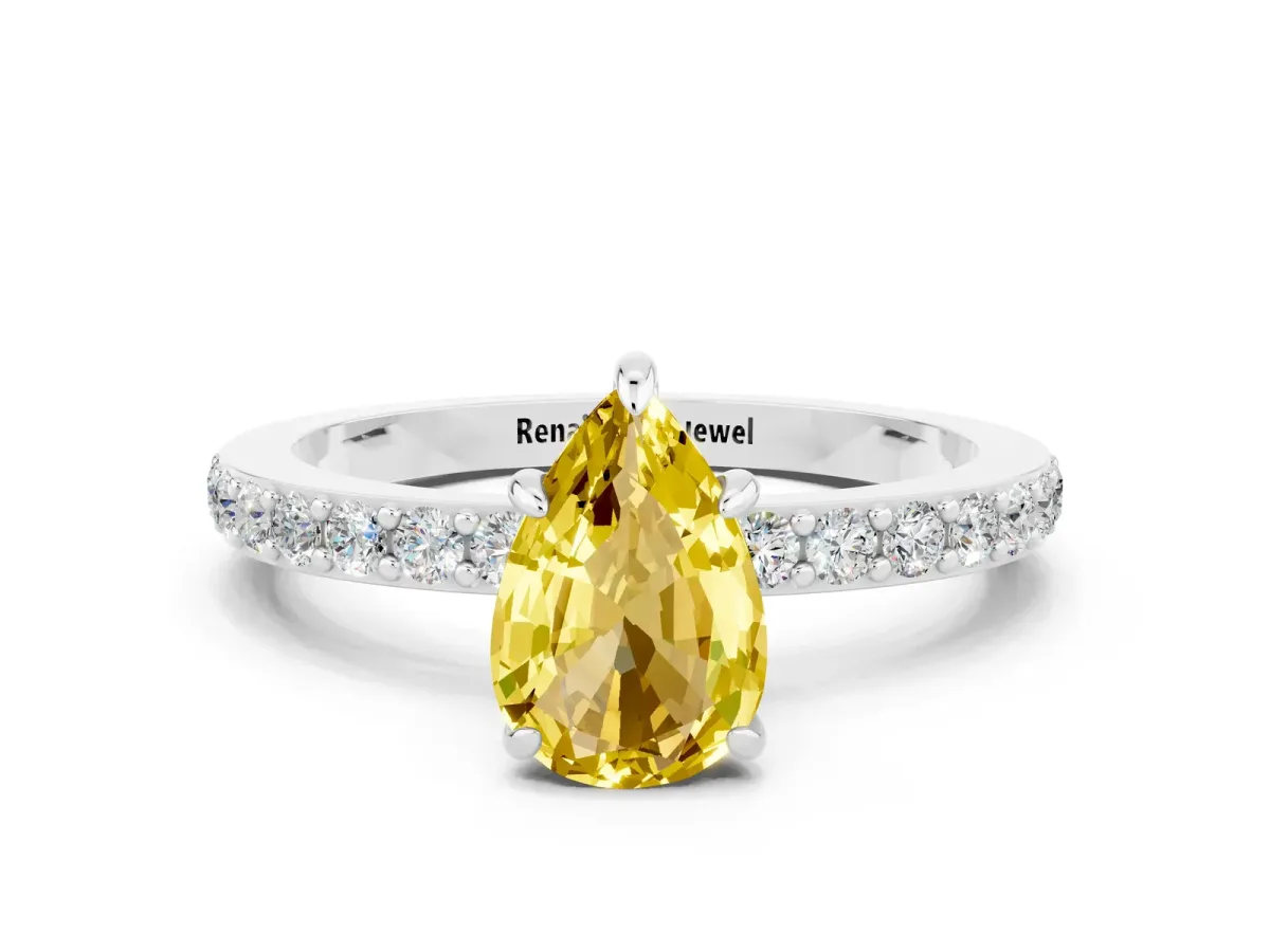 Pear Cut Yellow Sapphire Solitaire Engagement Ring with Pavé Band and Four-Prong Setting White gold