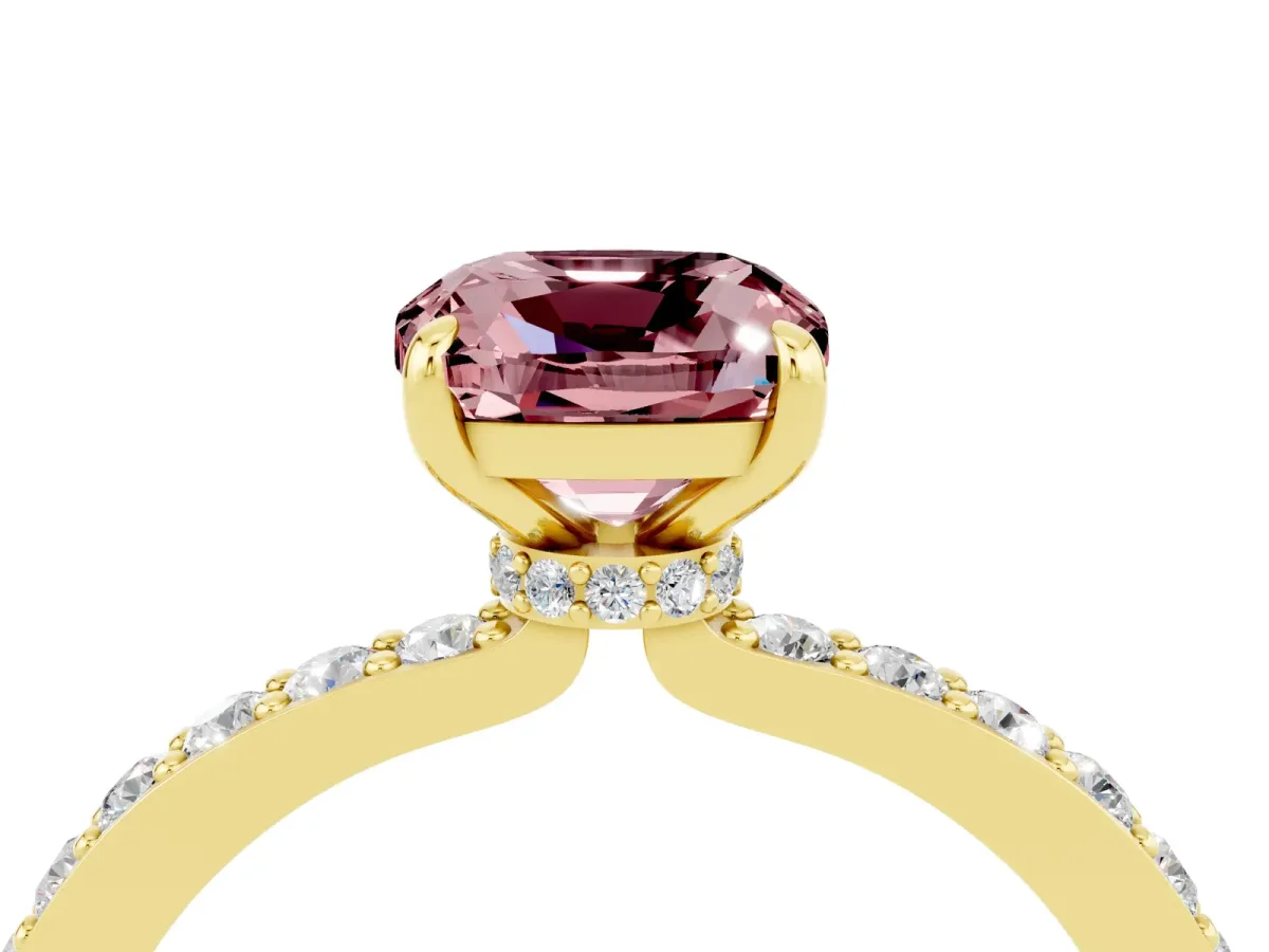 Cushion Cut Morganite Solitaire Engagement Ring with Pavé Band and Four-Prong Setting Yellow gold