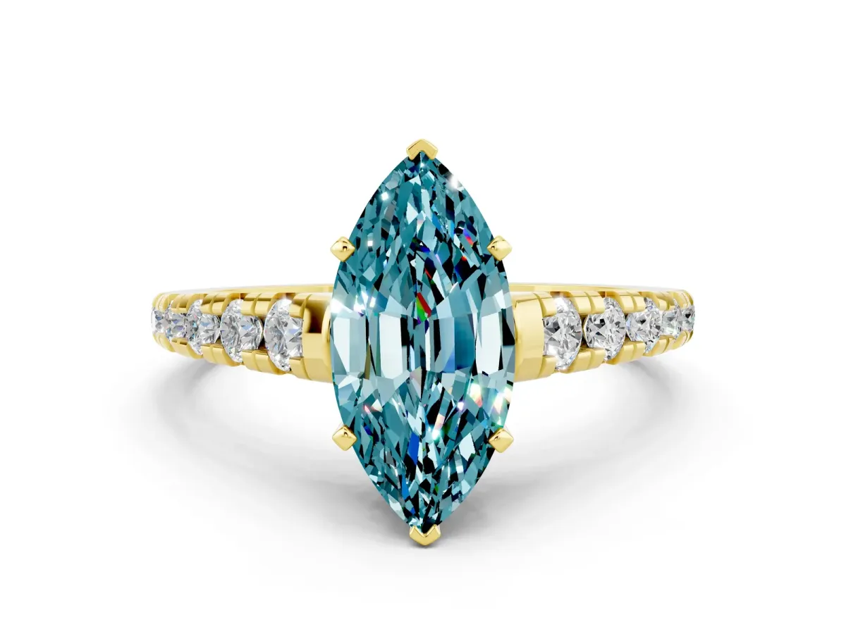Marquise Cut Blue Topaz Cathedral Solitaire Ring with Round Pavé Band Yellow gold