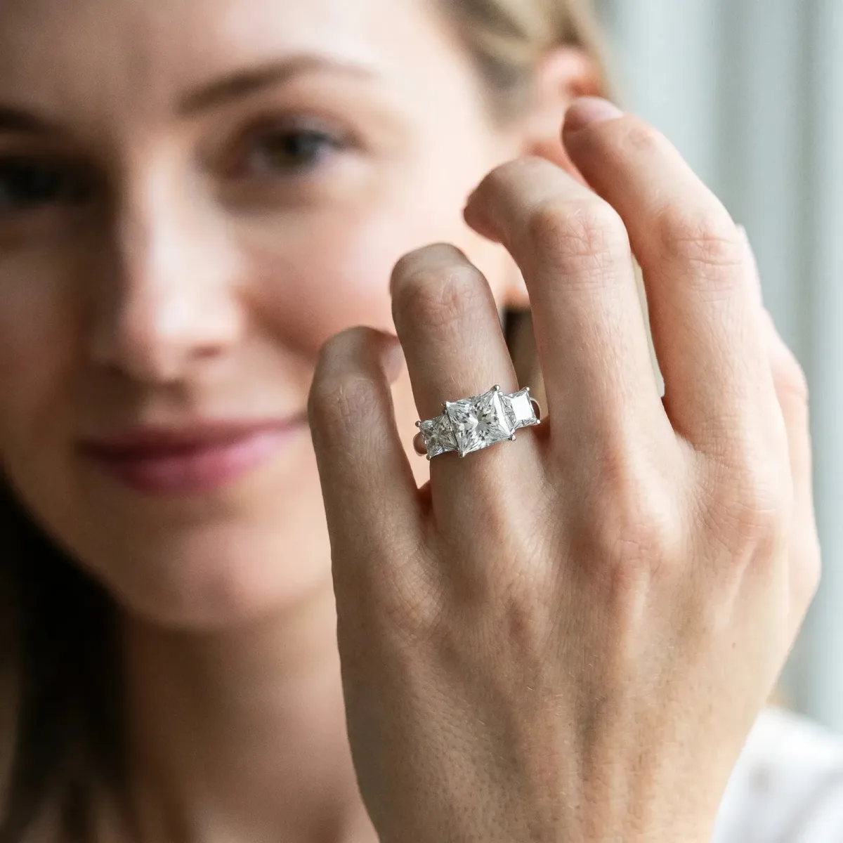 Three-Stone Princess Cut Diamond Engagement Ring with Prong Setting White gold