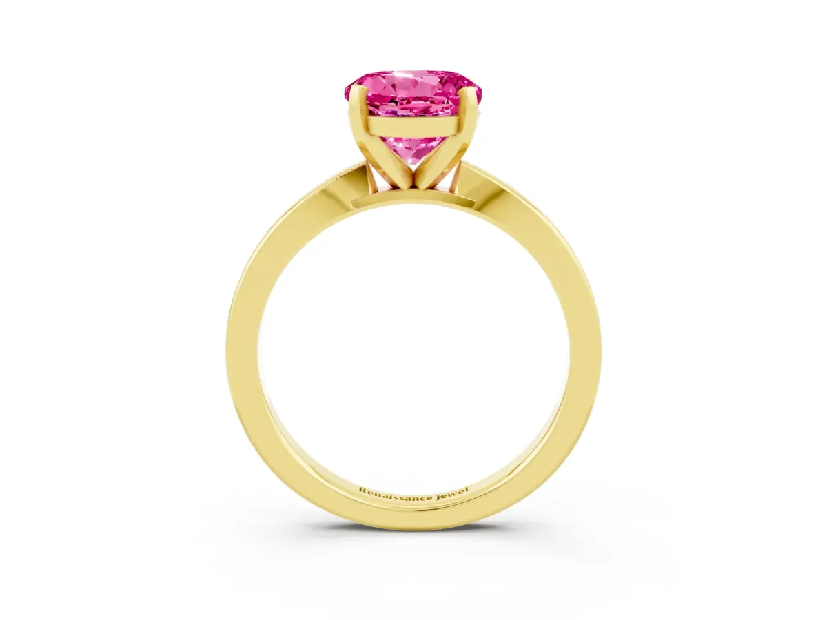 Round Cut Pink Sapphire Solitaire Engagement Ring with Classic Band and Four-Prong Setting Yellow gold