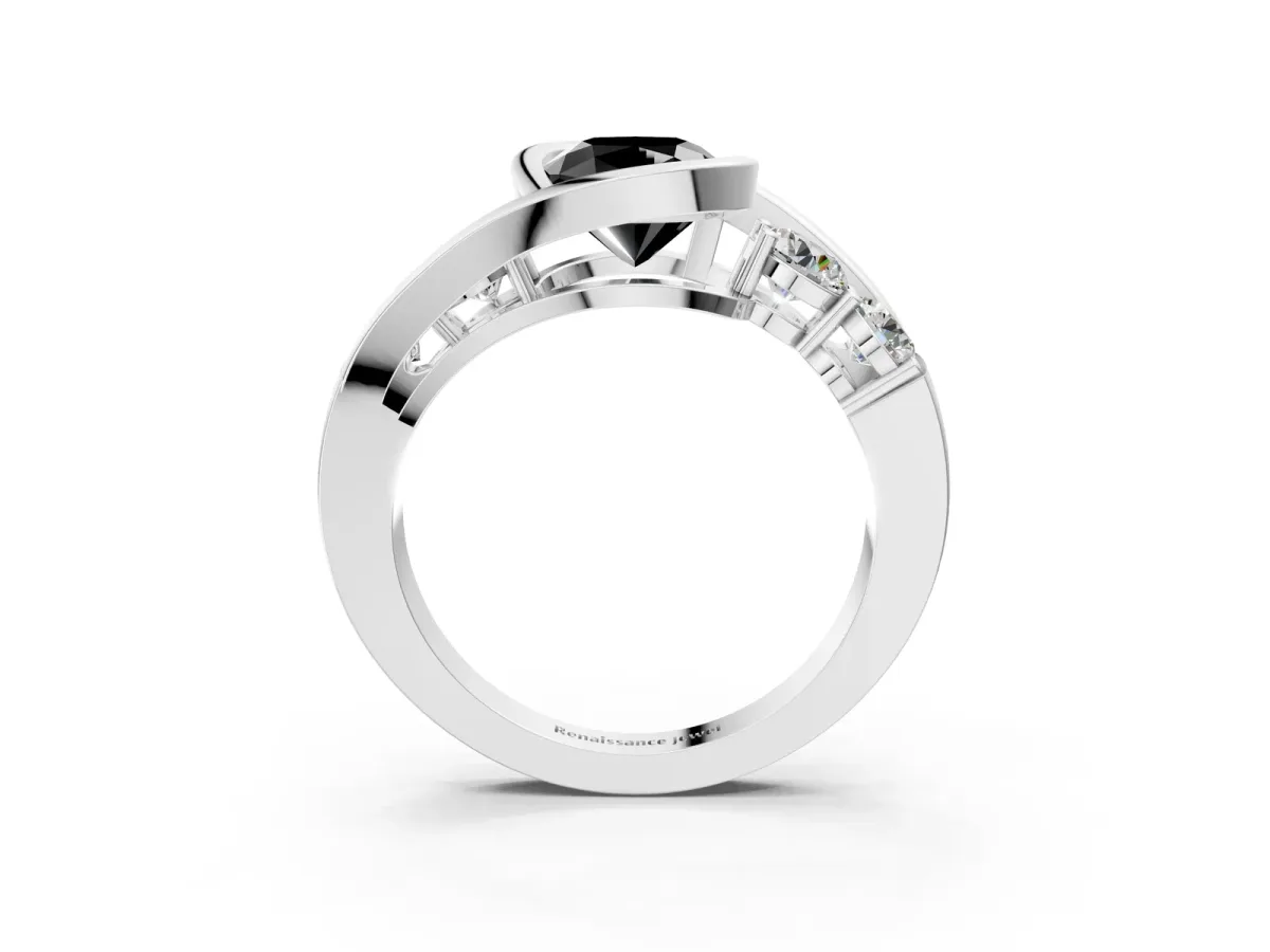 Fancy Black Bezel Set Cushion Cut Diamond Bypass Ring with Round Accents Platinum