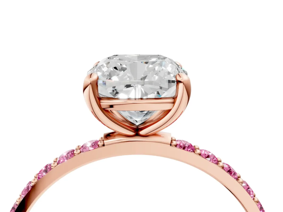 Cushion Cut Diamond Solitaire Ring with Round Pink Sapphire Pavé Band and Prong Setting Rose gold