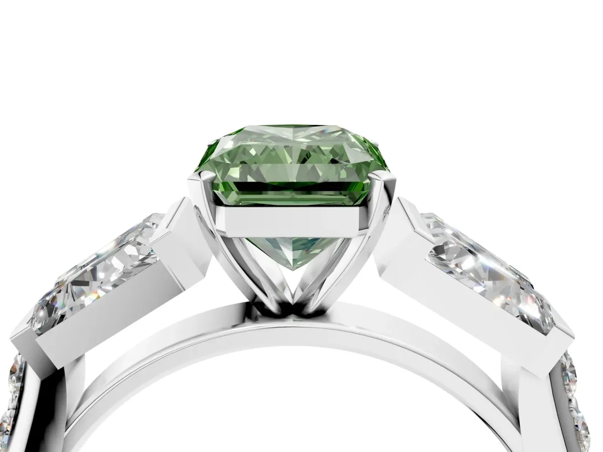 Fancy Green Radiant Cut Diamond Engagement Ring with Baguette Side Stones and Channel Set Band Platinum