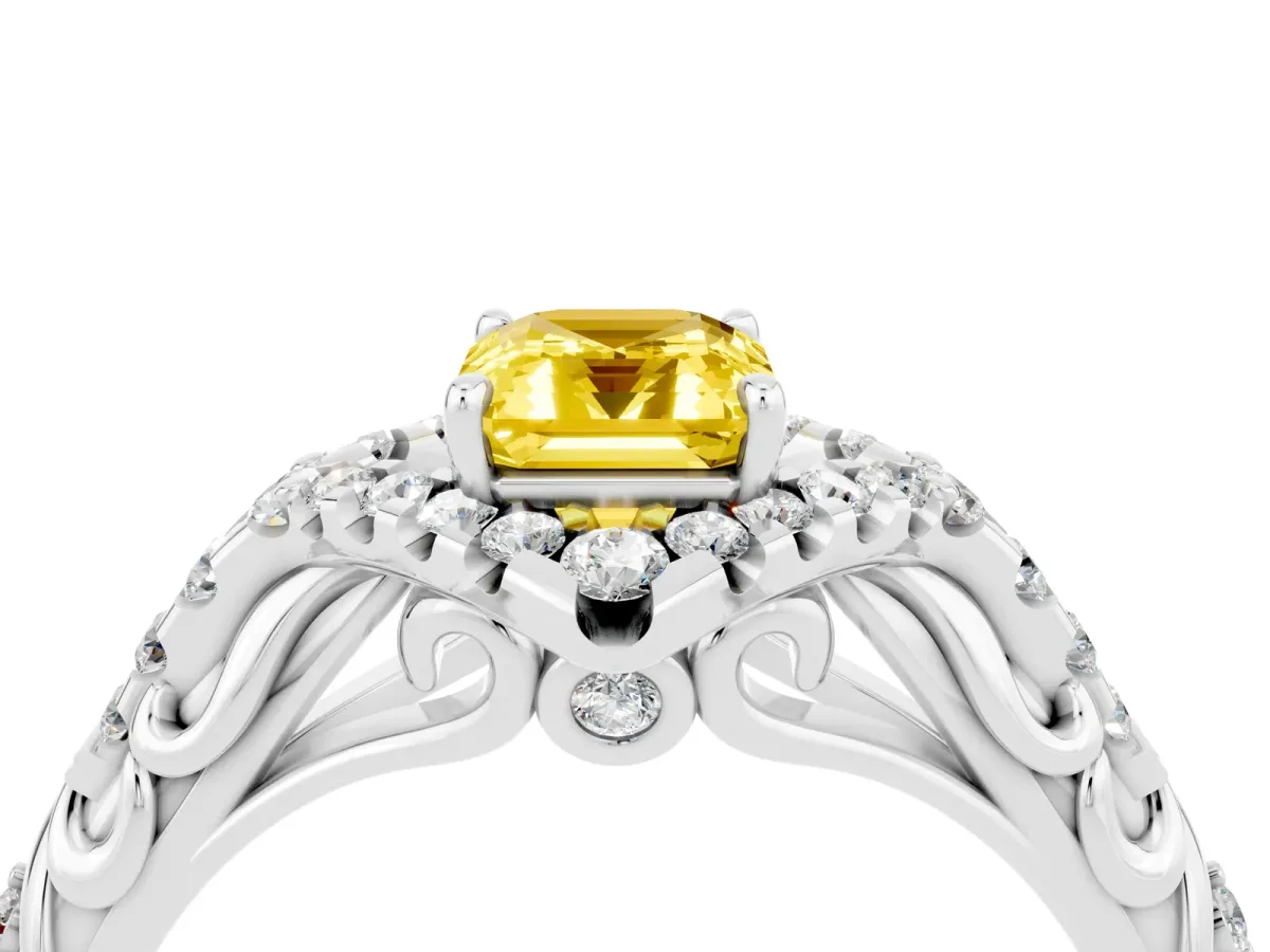 Emerald Cut Yellow Sapphire Solitaire Ring with Hidden Halo and Pavé Band White gold