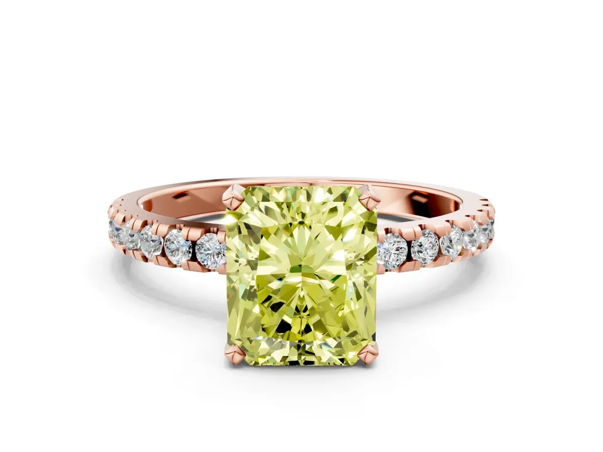 Fancy Yellow Radiant Cut Diamond Solitaire Ring with Round Pavé Band and Four-Prong Setting Rose gold