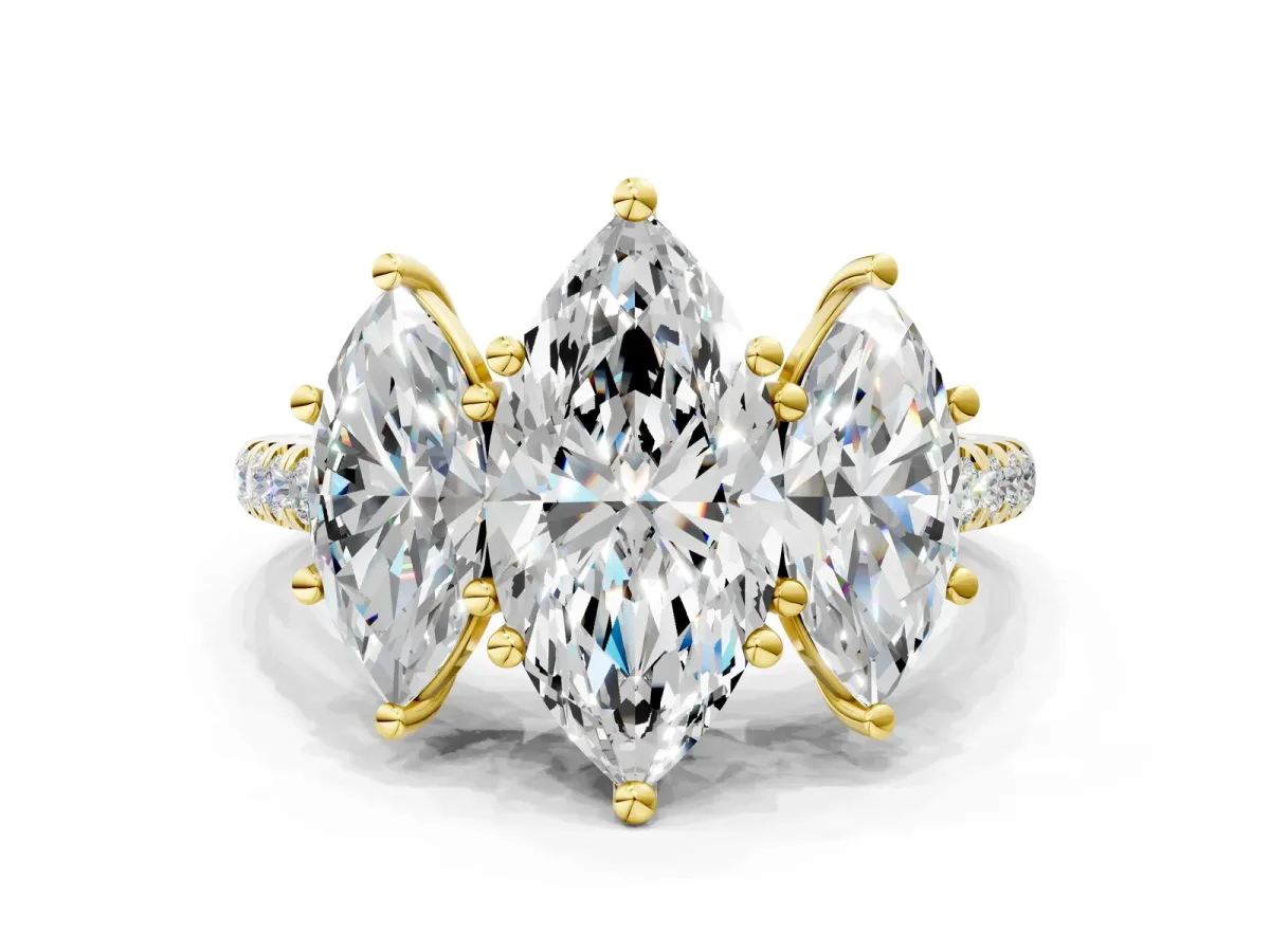 Three-Stone Marquise Cut Diamond Ring with Round Moissanite Pavé Band and Prong Setting Yellow gold