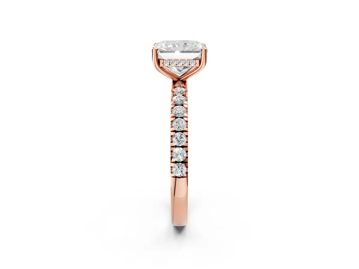 Radiant Cut Diamond Pave Band Solitaire Ring with Round Moissanite and Prong Setting Rose gold