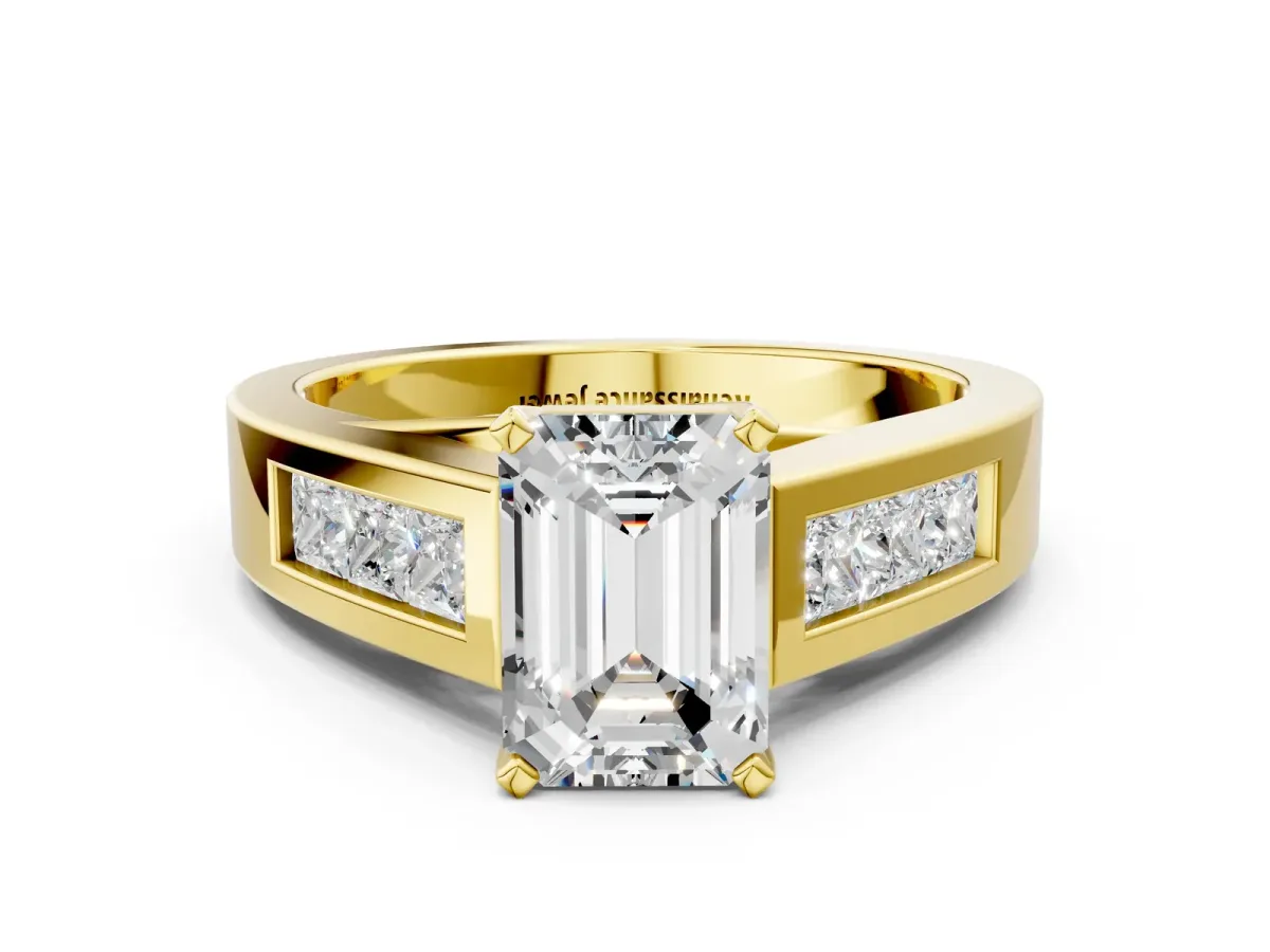 Emerald Cut Cut Channel Set Solitaire Ring with Four-Prong Setting Yellow gold