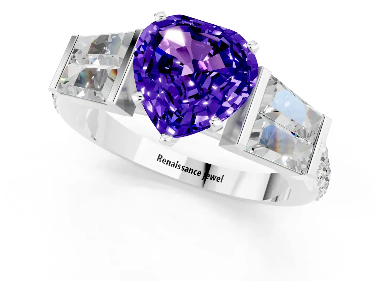 Heart Cut Tanzanite Engagement Ring with Baguette Side Stones and Channel Set Band Platinum