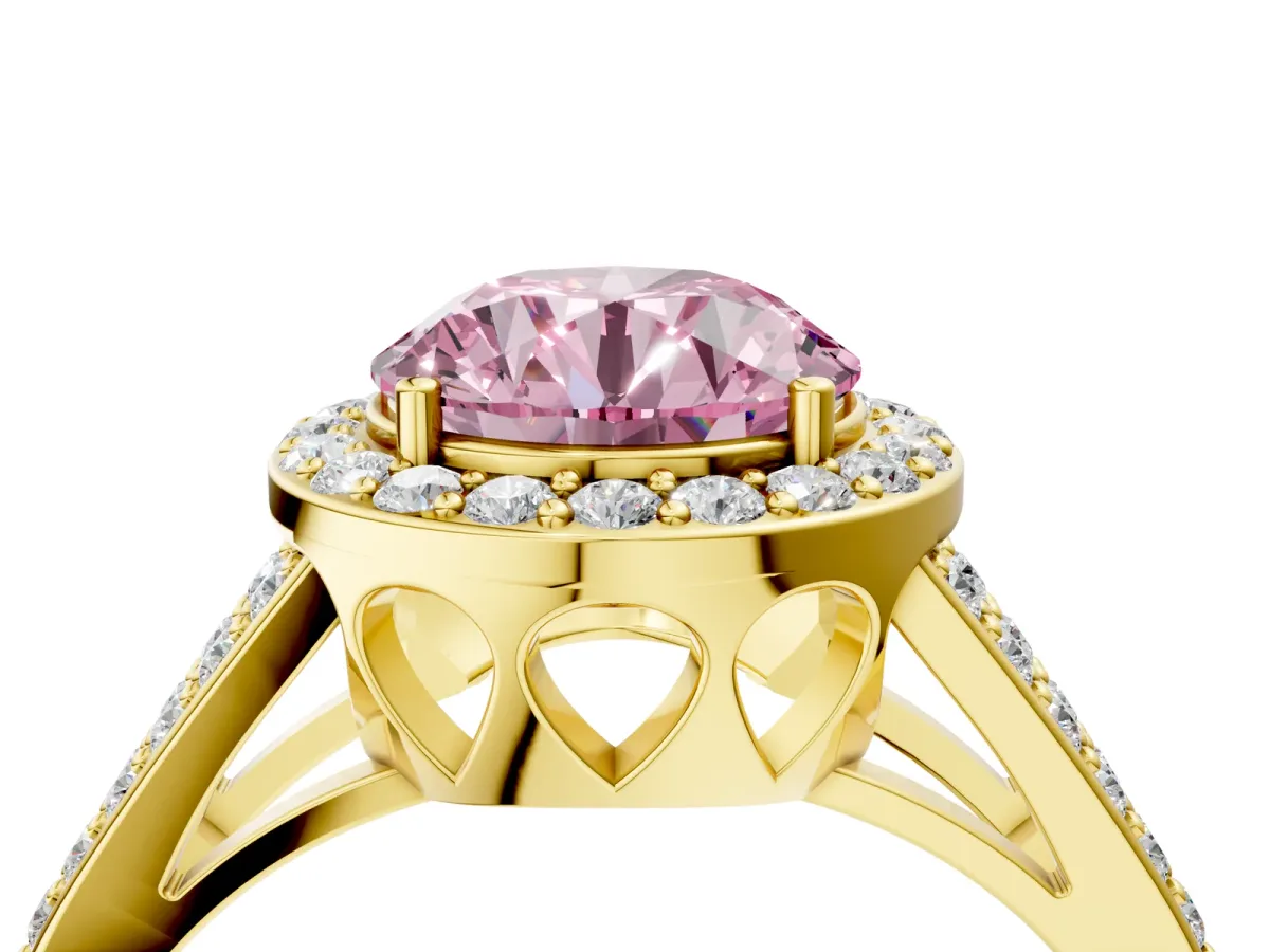 Fancy Pink Round Cut Diamond Halo Ring with Split Shank U-Prong Band and Four-Prong Setting Yellow gold