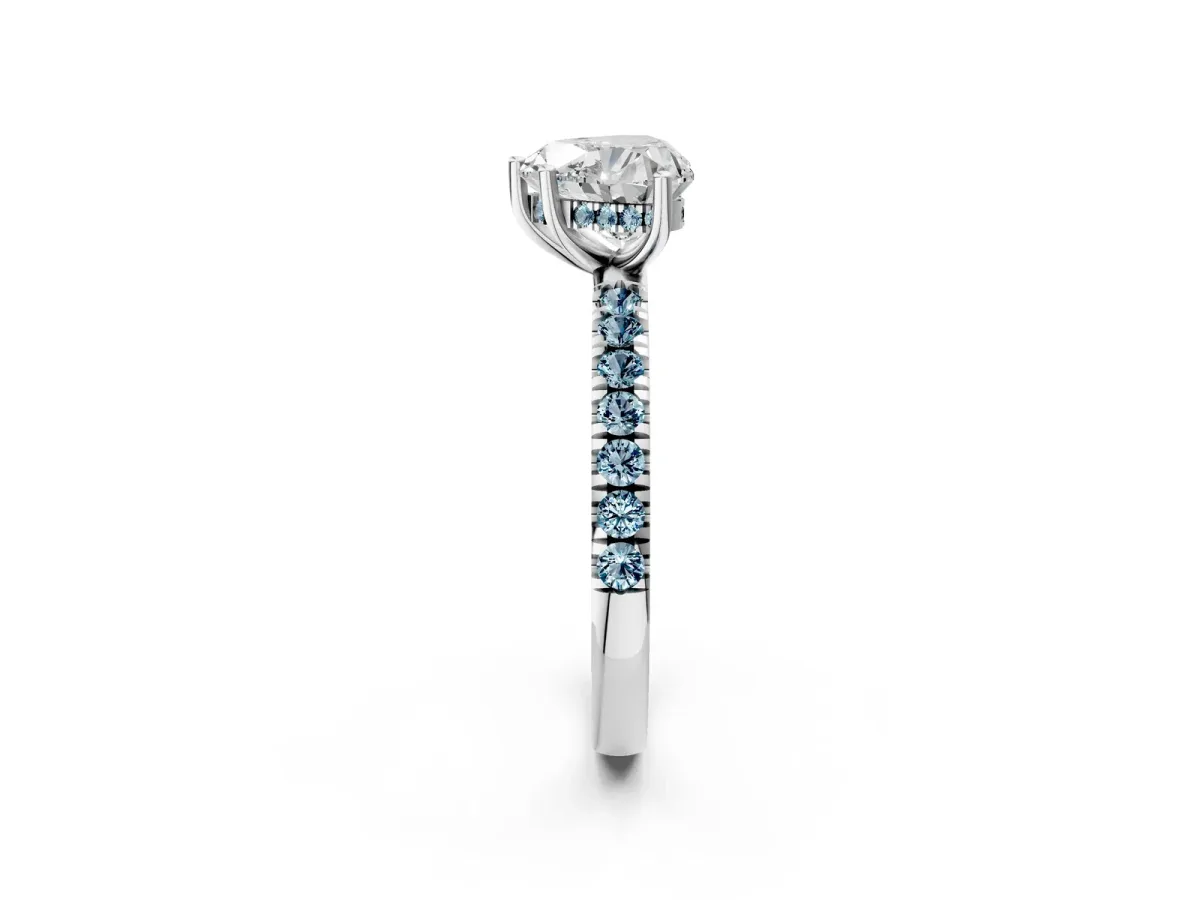 Heart Cut Diamond Pave Band Solitaire Ring with Round Aquamarine and Prong Setting White gold