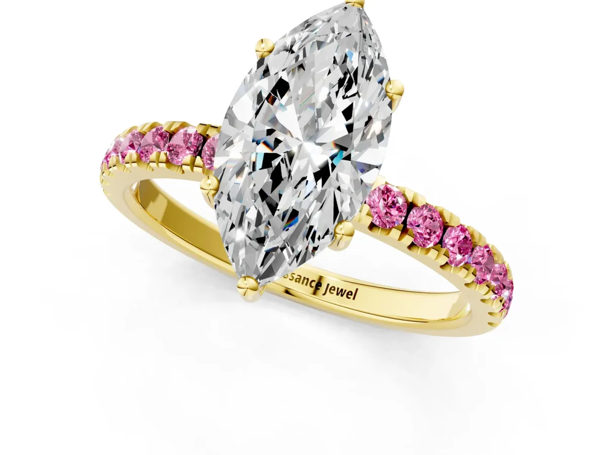 Marquise Cut Diamond Pave Band Solitaire Ring with Round Pink Sapphire and Prong Setting Yellow gold