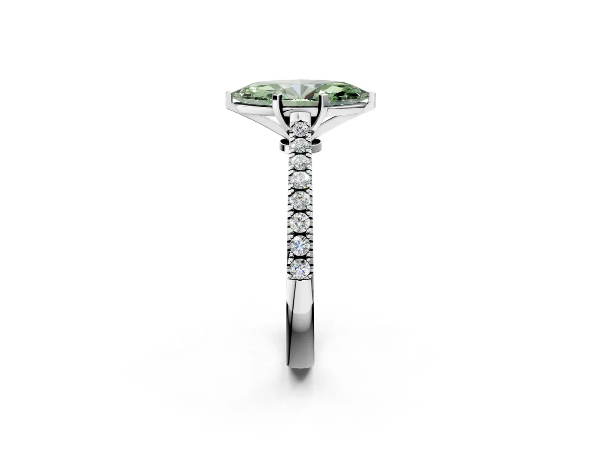Fancy Green Marquise Cut Cut Solitaire Diamond Engagement Ring with Pave Band and Four-Prong Setting White gold