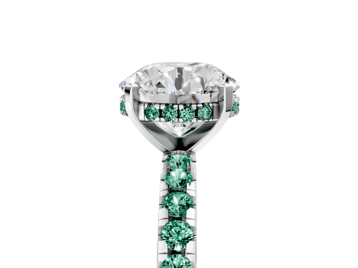 Round Cut Diamond Solitaire Ring with Round Green Sapphire Pavé Band and Four-Prong Setting White gold