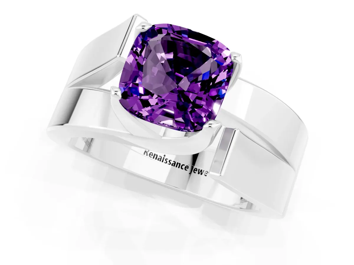 Modern Tension Set Cushion Cut Amethyst Solitaire Wide Band Ring Silver