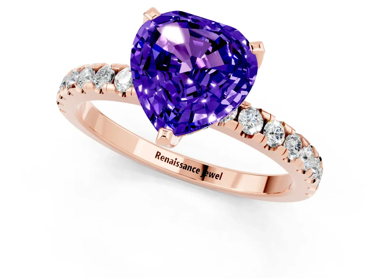 Heart Cut Tanzanite Solitaire Ring with Round Pavé Band and Four-Prong Setting Rose gold