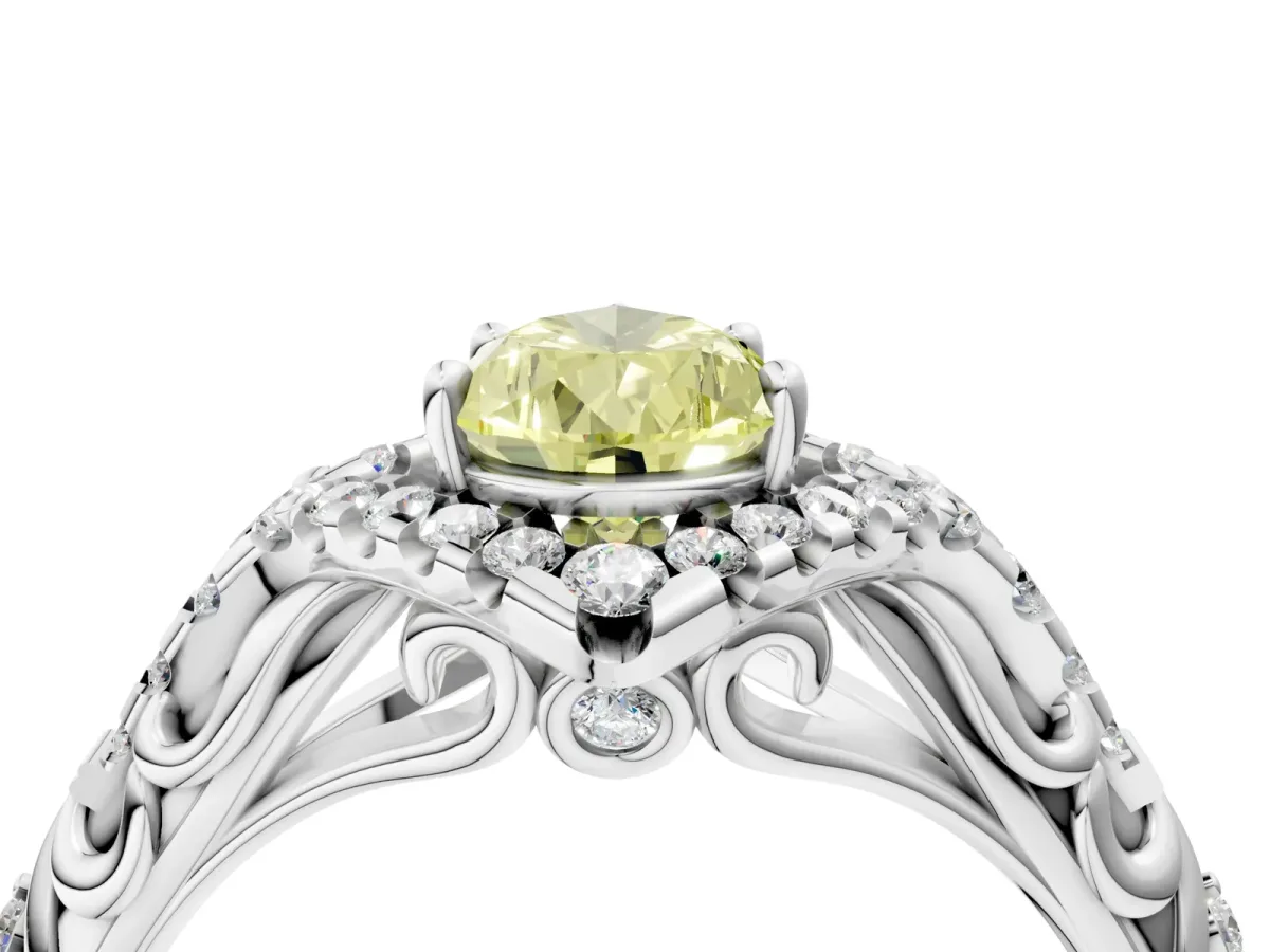 Fancy Yellow Pear Cut Diamond Solitaire Ring with Hidden Halo and Pavé Band White gold