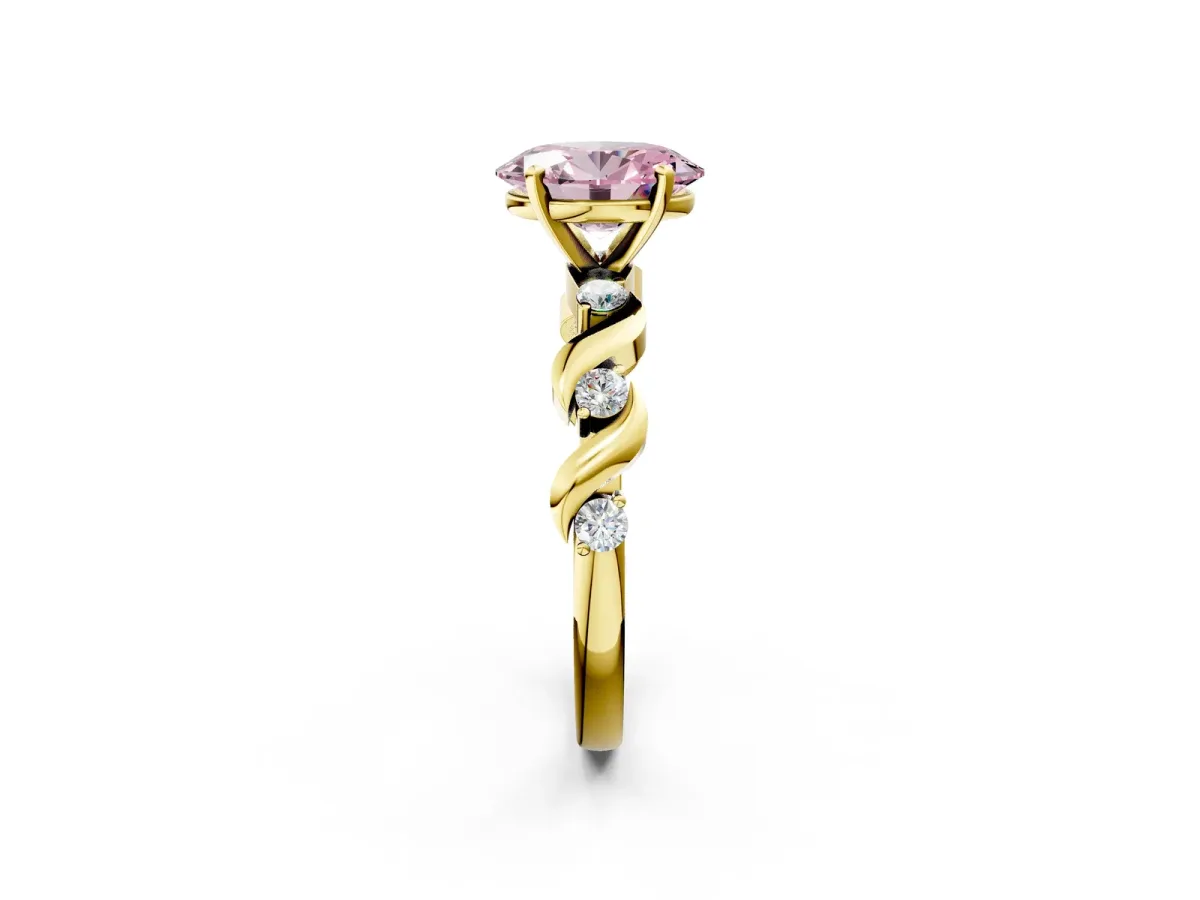Fancy Pink Oval Cut Diamond Solitaire Twisted Band with Round Accents and Prong Setting Yellow gold