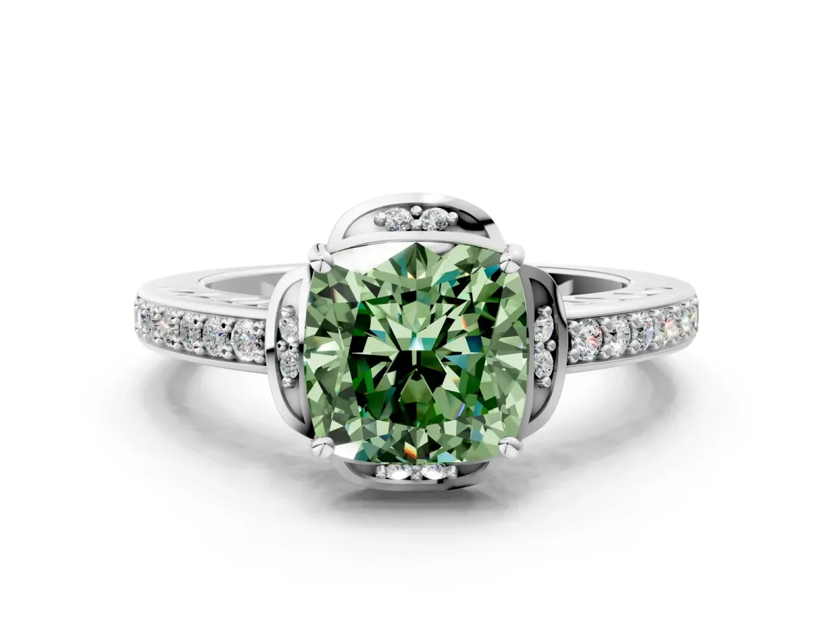 Fancy Green Cushion Cut Cut Halo Diamond Ring with Channel Set Band and Four-Prong Setting White gold