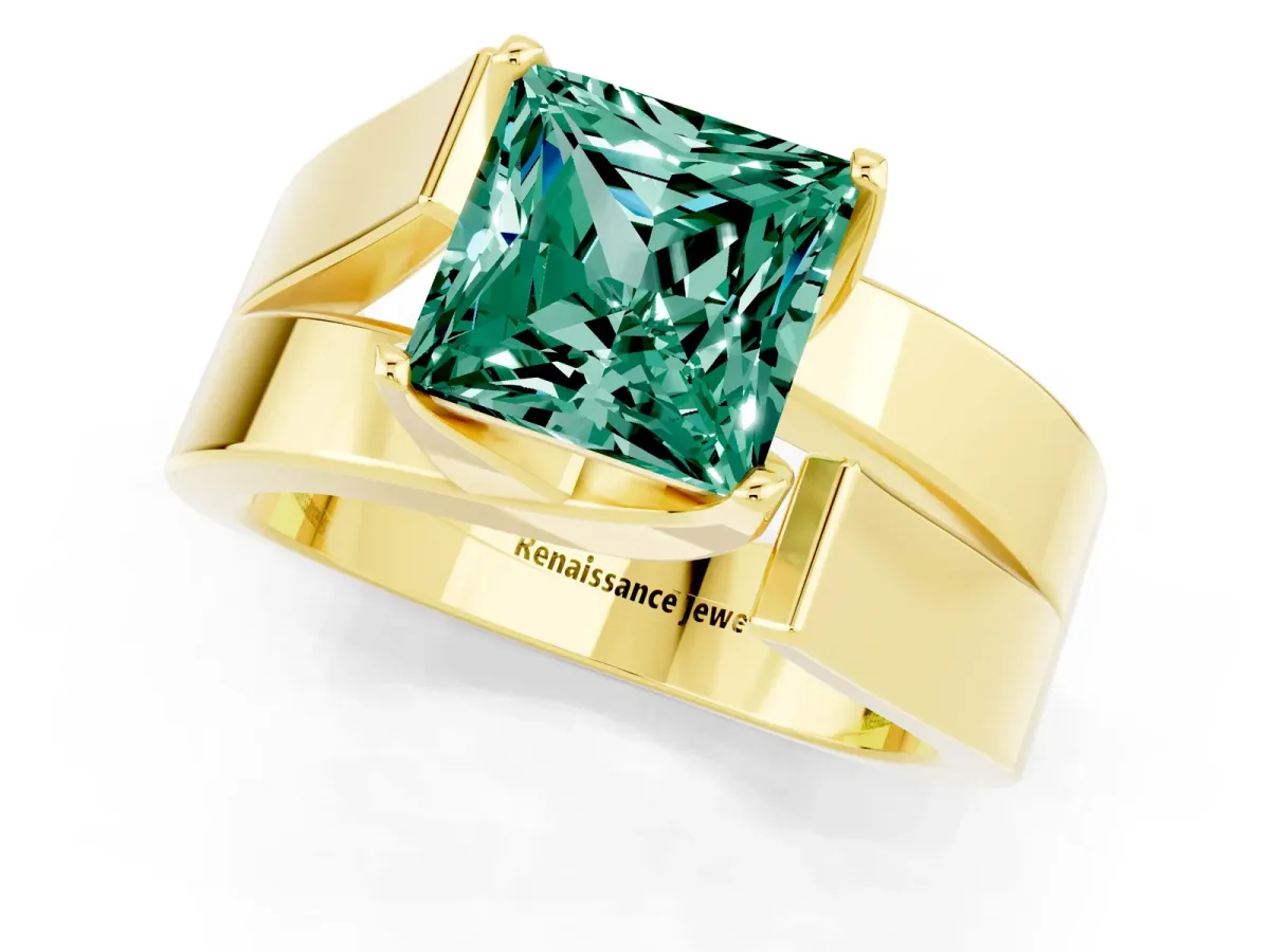 Modern Tension Set Princess Cut Green Sapphire Solitaire Wide Band Ring Yellow gold