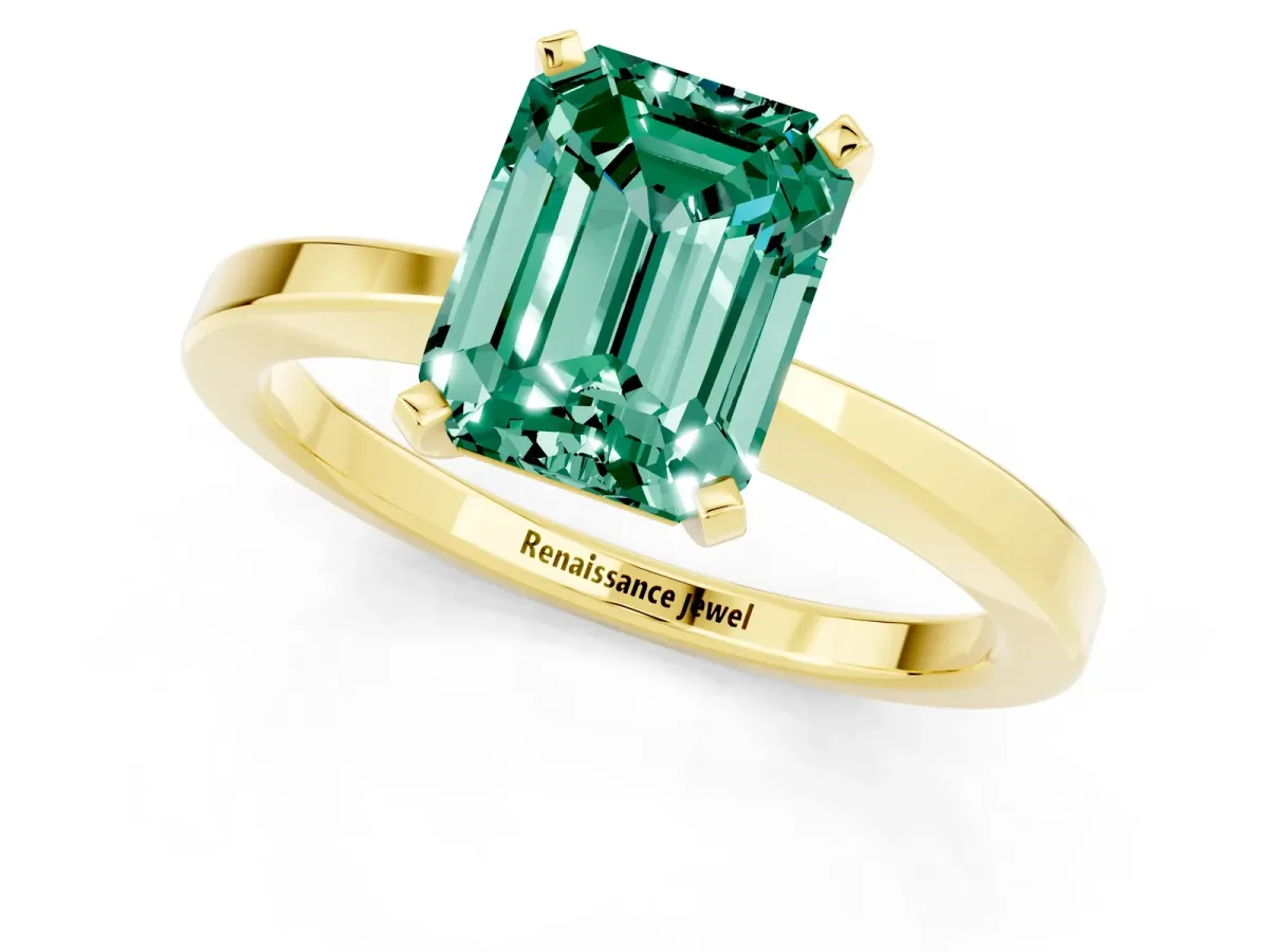 Emerald Cut Green Sapphire Solitaire Engagement Ring with Classic Band and Four-Prong Setting Yellow gold