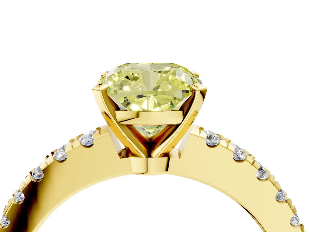 Fancy Yellow Cushion Cut Solitaire Diamond with Pavé Band and Four-Prong Setting Yellow gold