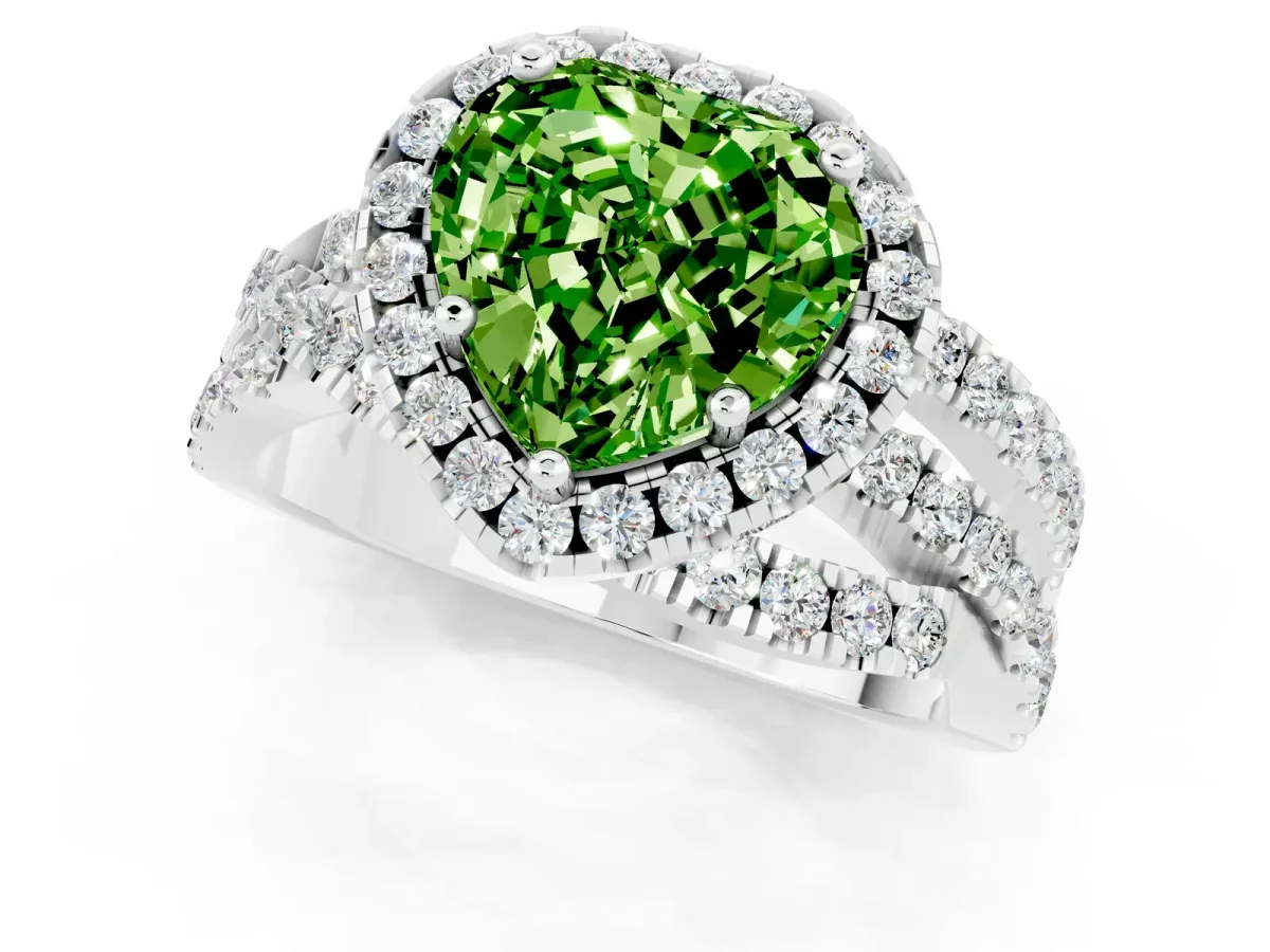 Heart Cut Peridot Halo Ring with Round Split Shank and Prong Setting Platinum