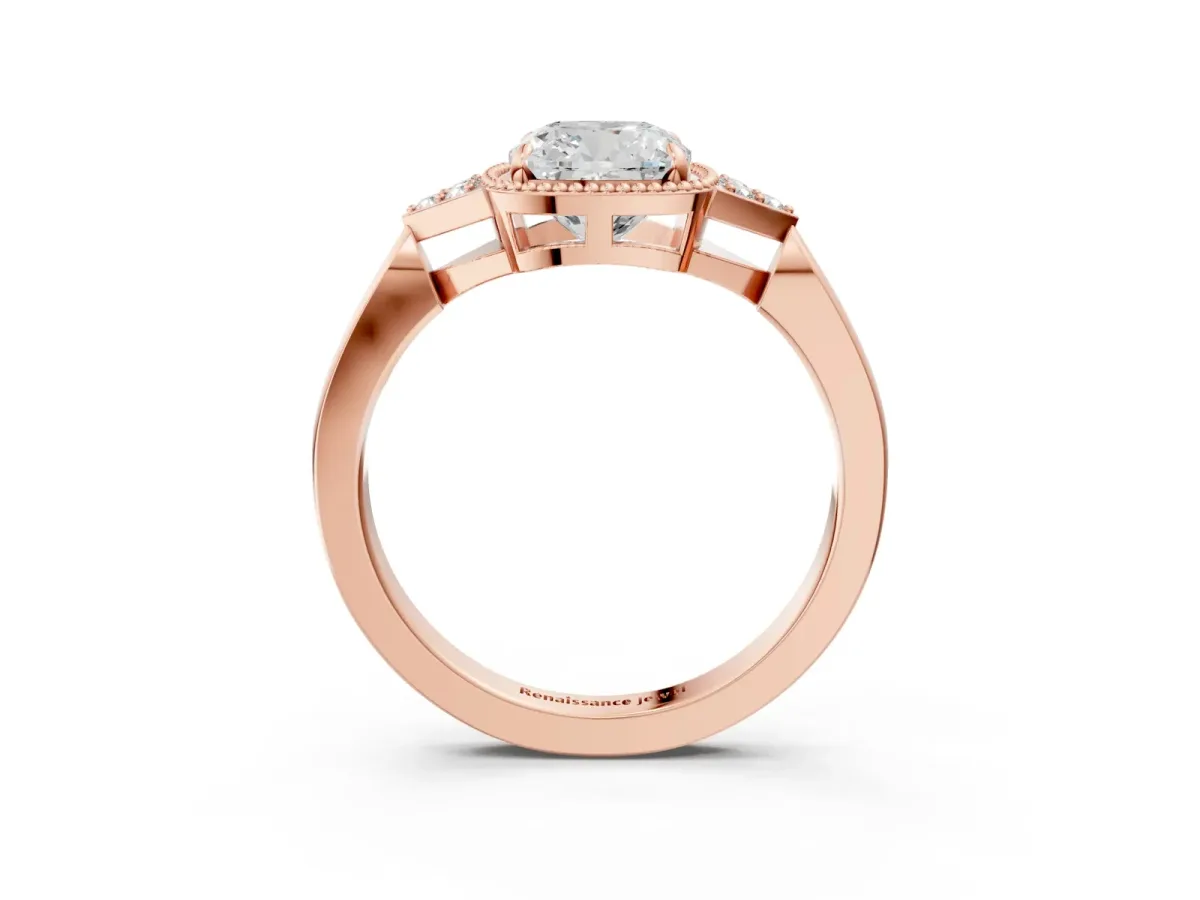 Cushion Cut Diamond Halo Ring with Tapered Band and Four-Prong Setting Rose gold