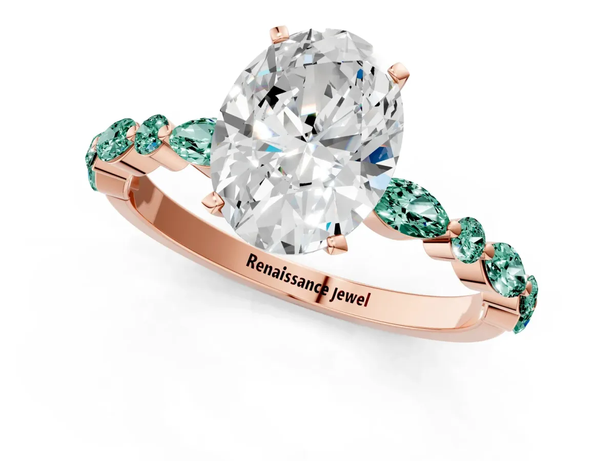 Oval Cut Diamond Ring with Marquise and Round Green Sapphire Side Stones and Four-Prong Setting Rose gold