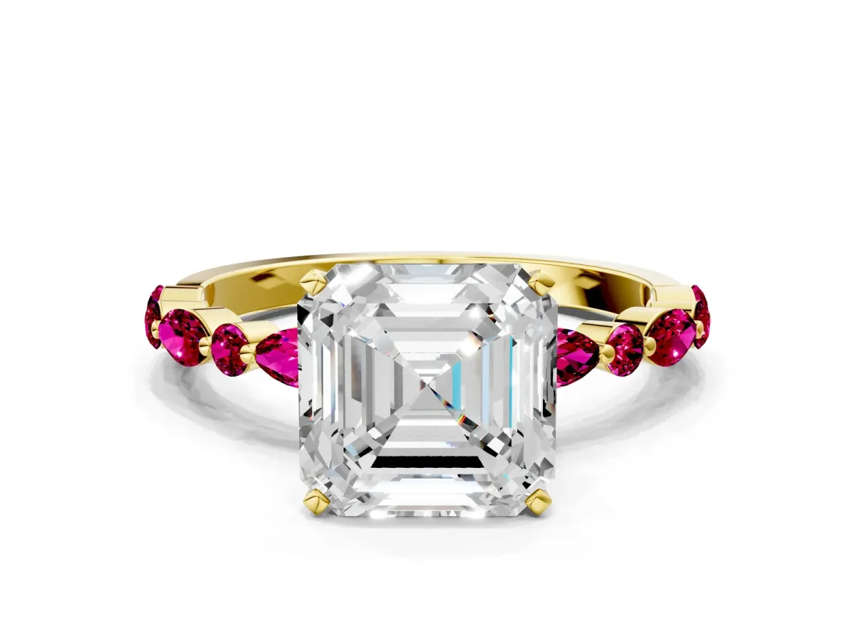 Asscher Cut Diamond Ring with Marquise and Round Garnet Side Stones and Four-Prong Setting Yellow gold