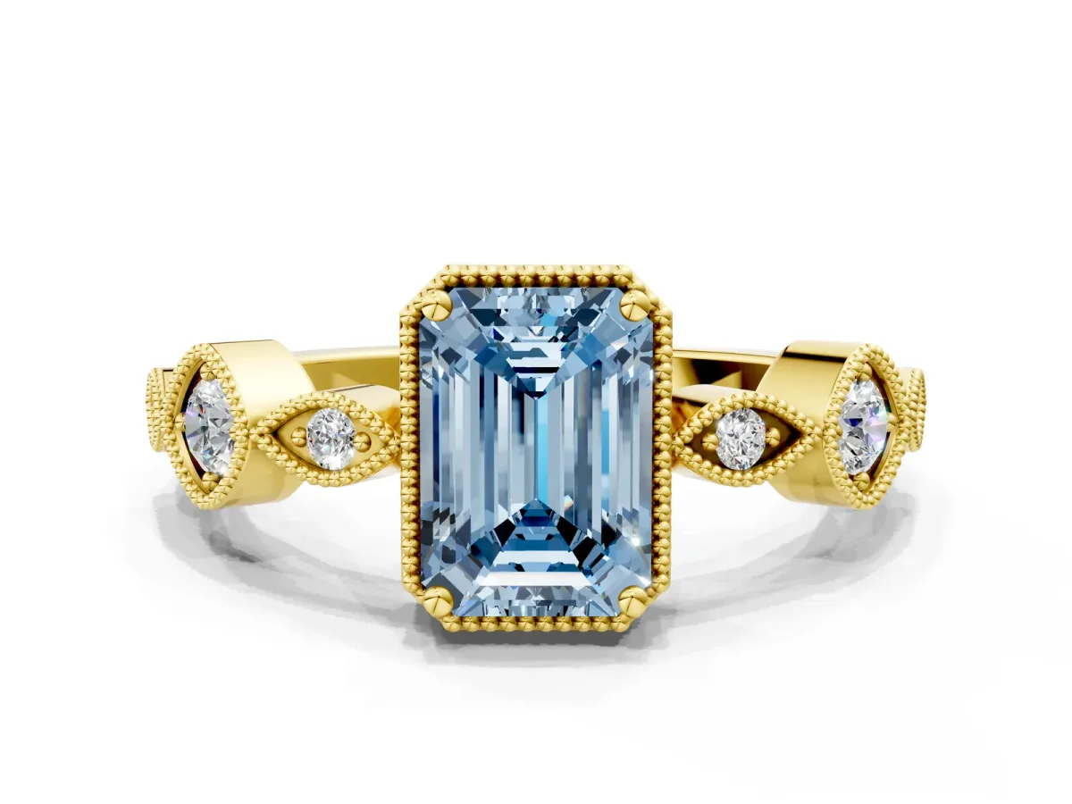 Fancy Blue Emerald Cut Diamond Vintage Milgrain Ring with Round Stations Yellow gold