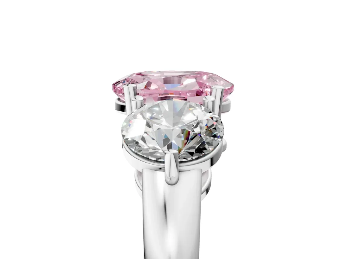 Fancy Pink Oval Cut Diamond Three-Stone Ring with Prong Setting and Classic Band White gold