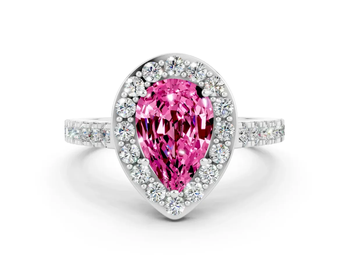 Pear Cut Pink Sapphire Halo Ring with Round Pavé Split Shank and Prong Setting Platinum