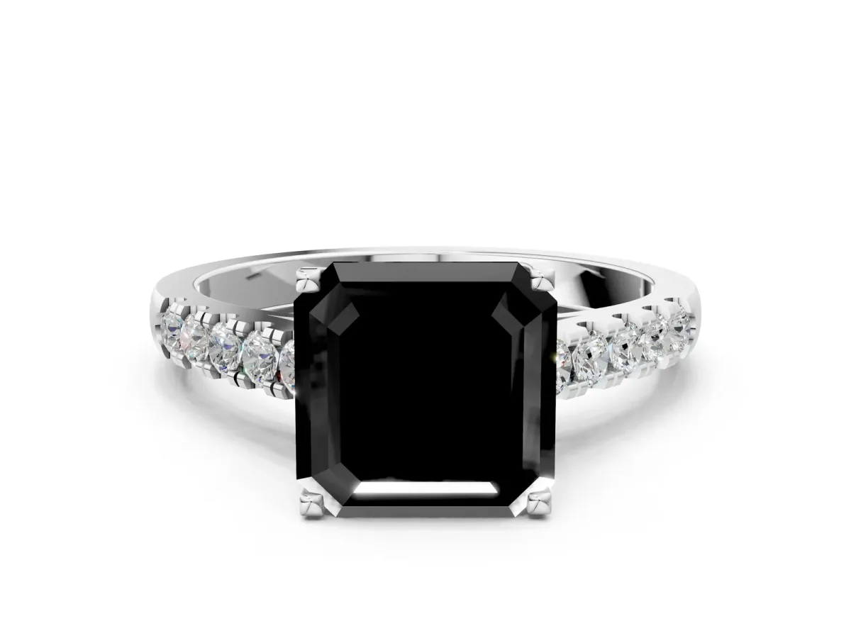 Fancy Black Asscher Cut Diamond Pavé Band Solitaire Ring with Prong Setting Platinum