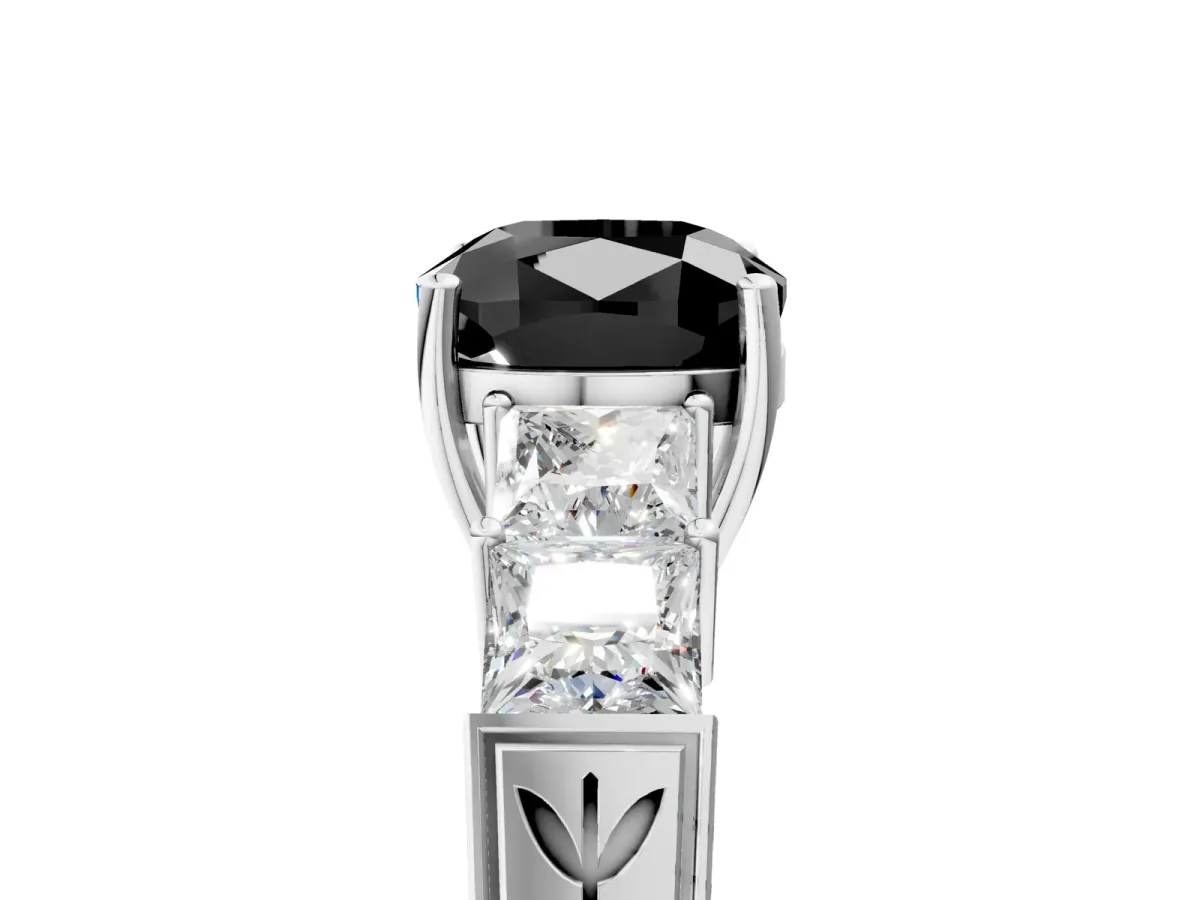 Fancy Black Cushion Cut Solitaire Princess Side Stone Engraved Band Prong Setting Ring White gold