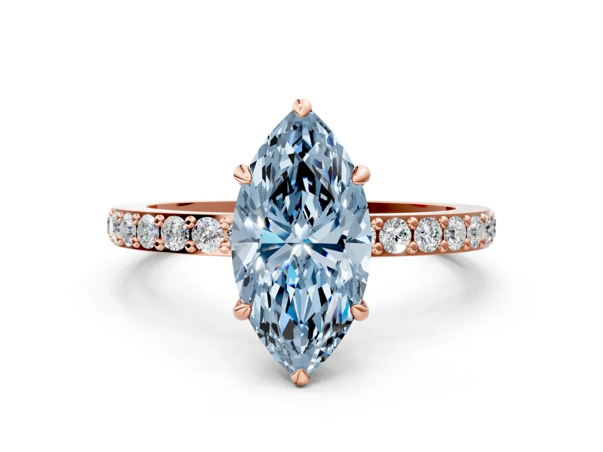 Fancy Blue Marquise Cut Diamond Solitaire Engagement Ring with Pavé Band and Four-Prong Setting Rose gold